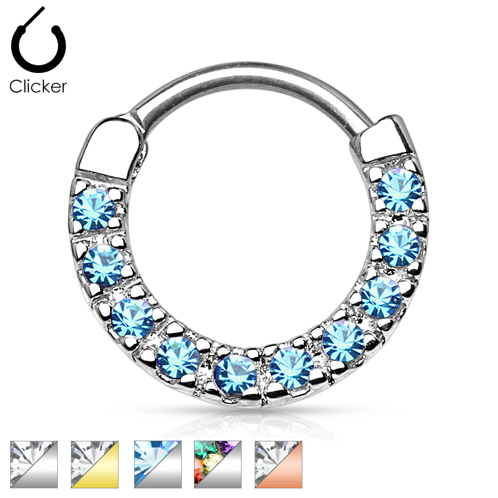 CZ Paved Round Top 316L Surgical Steel Nose Septum/Ear Cartilage Clicker Rings - all colors