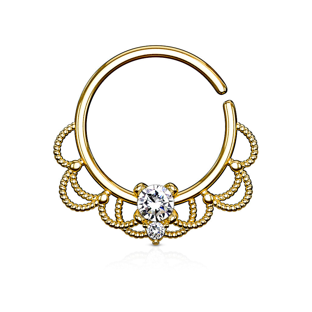 CZ Set Centered Filigree Bendable Hoop Rings for Nose Septum, Daith and Ear Cartilage - Gold/Clear