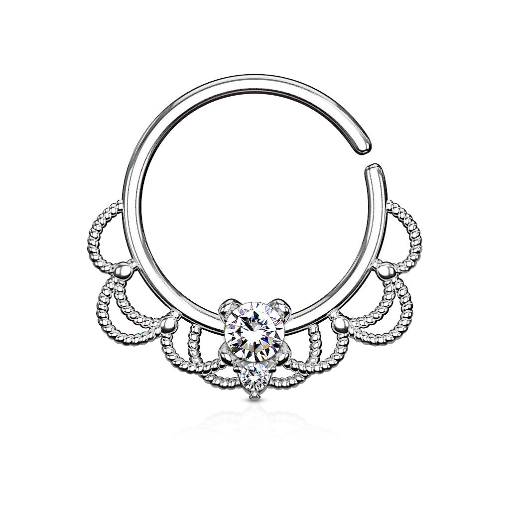 CZ Set Centered Filigree Bendable Hoop Rings for Nose Septum, Daith and Ear Cartilage - Platinum/Clear