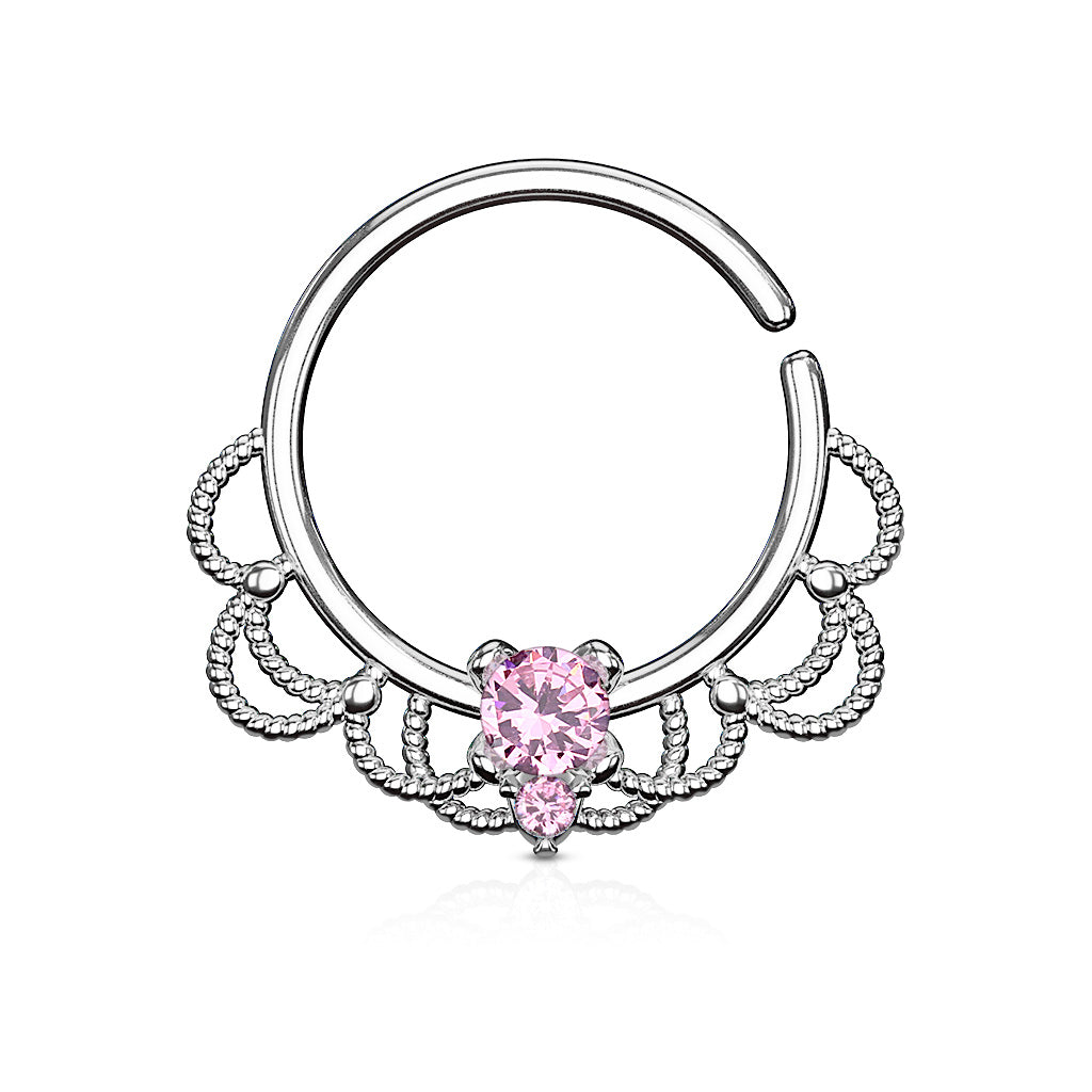 CZ Set Centered Filigree Bendable Hoop Rings for Nose Septum, Daith and Ear Cartilage - Platinum/Pink