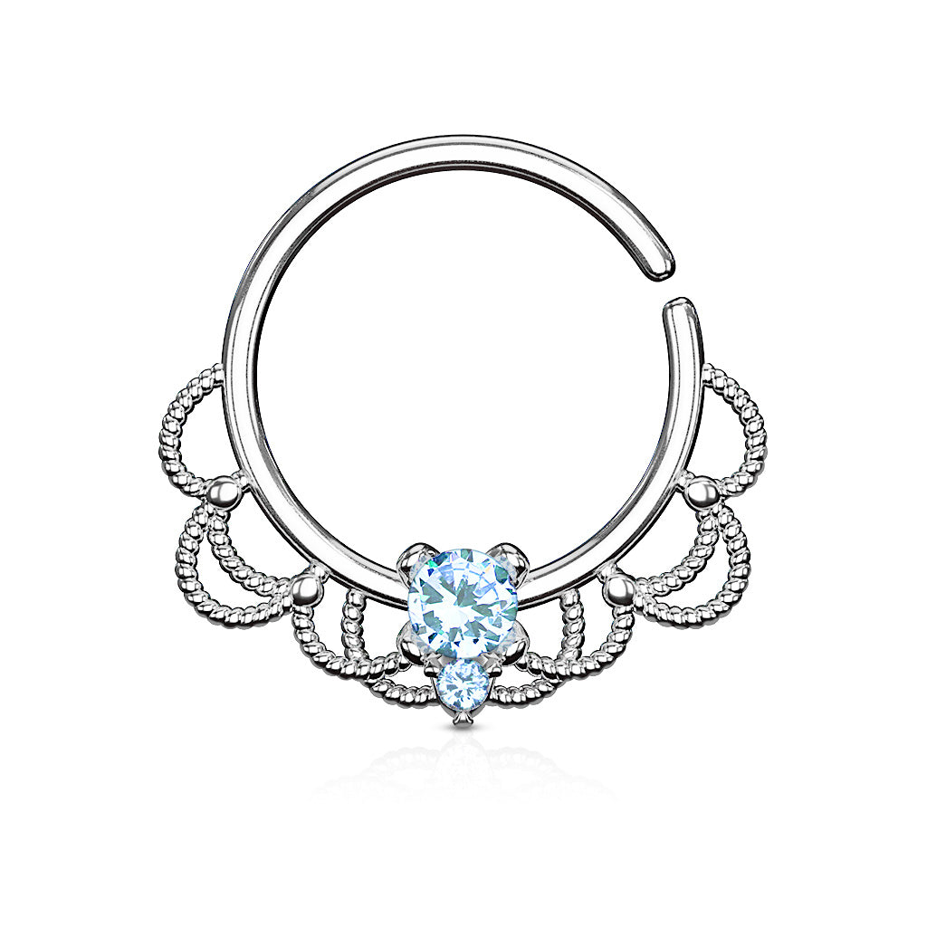 CZ Set Centered Filigree Bendable Hoop Rings for Nose Septum, Daith and Ear Cartilage - Platinum/Aqua