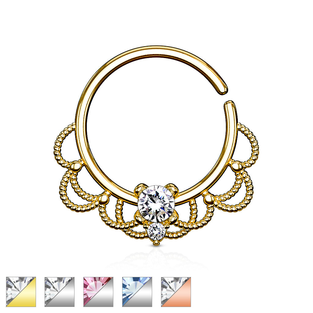 CZ Set Centered Filigree Bendable Hoop Rings for Nose Septum, Daith and Ear Cartilage - all colors