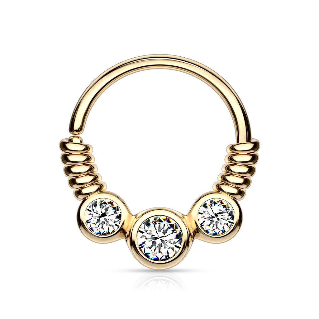 3 CZ Set Between Coiled Wire Bendable Hoop Rings for Septum, Ear Cartilage, Daith, and More - Gold/Clear