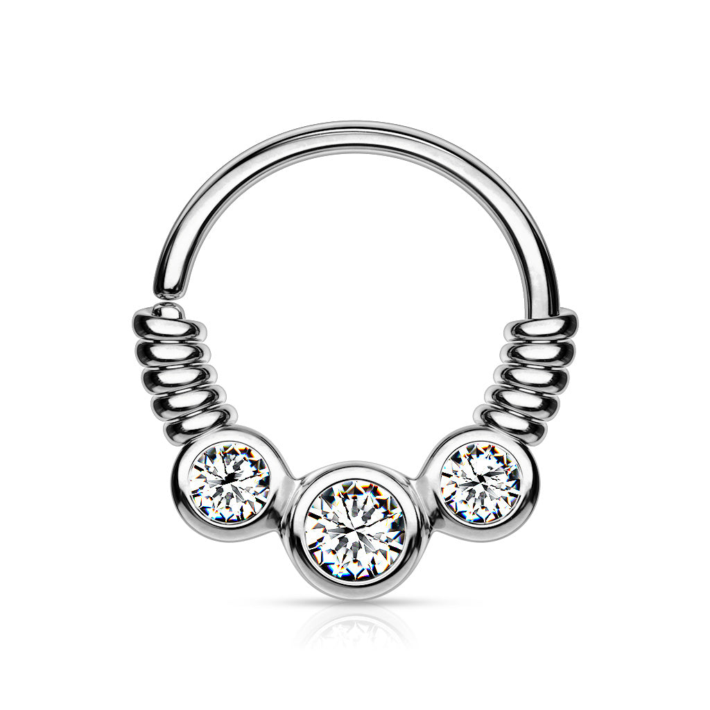 3 CZ Set Between Coiled Wire Bendable Hoop Rings for Septum, Ear Cartilage, Daith, and More - Platinum/Clear