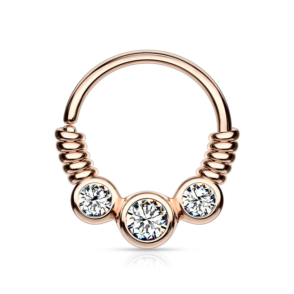 3 CZ Set Between Coiled Wire Bendable Hoop Rings for Septum, Ear Cartilage, Daith, and More - Rose Gold/Clear