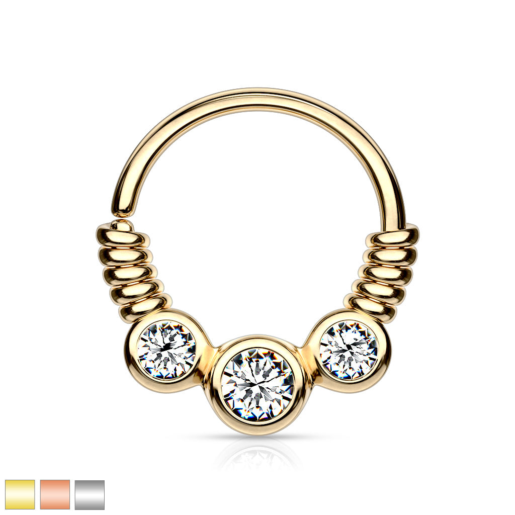 3 CZ Set Between Coiled Wire Bendable Hoop Rings for Septum, Ear Cartilage, Daith, and More - all colors
