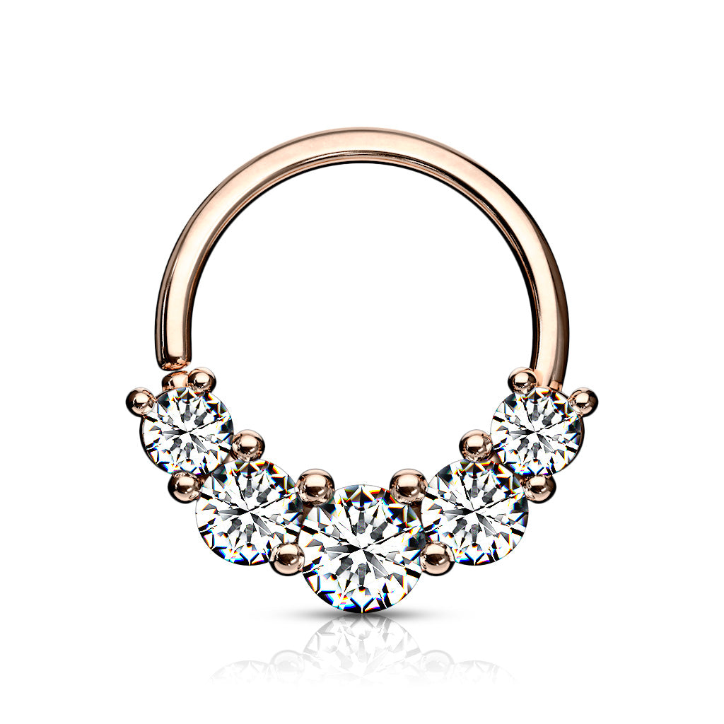 5 Prong Set CZ Bendable Hoop Rings for Septum, Ear Cartilage, Daith, and More - Rose Gold/Clear