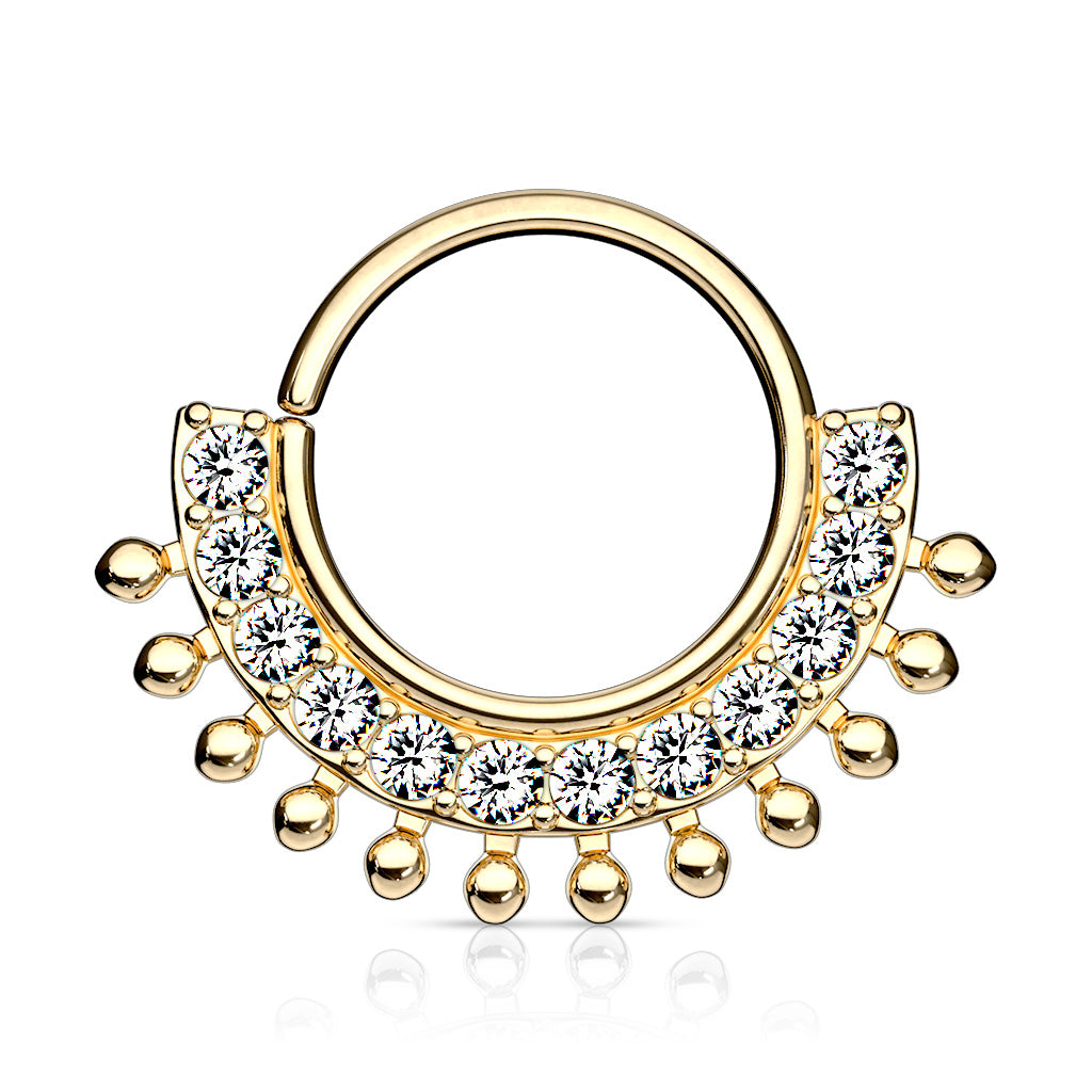 CZ Lined Fan Bendable Hoop Rings for Septum, Ear Cartilage, Daith, and More - Gold/Clear