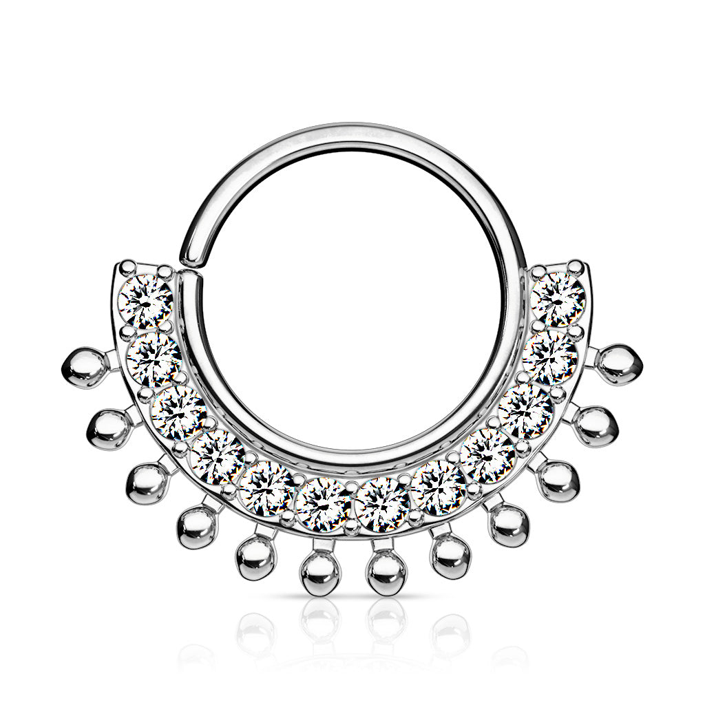CZ Lined Fan Bendable Hoop Rings for Septum, Ear Cartilage, Daith, and More - Platinum/Clear