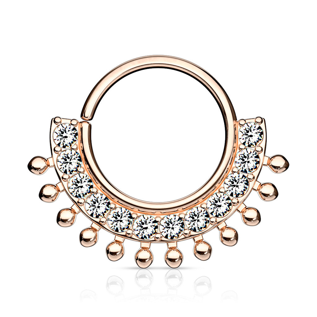 CZ Lined Fan Bendable Hoop Rings for Septum, Ear Cartilage, Daith, and More - Rose Gold/Clear