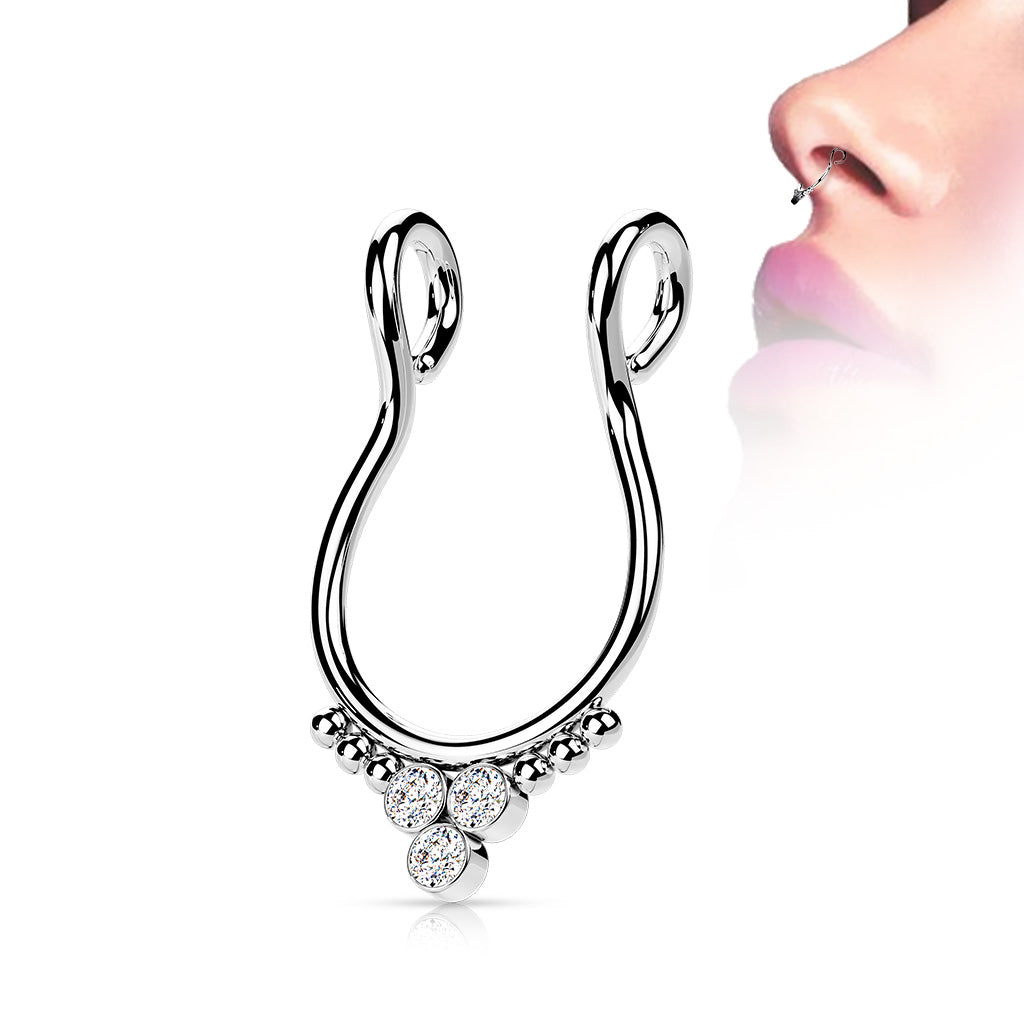316L Fake Septum Ring with 3 Round CZ Flat Balls and Beads on Each Side - Clear