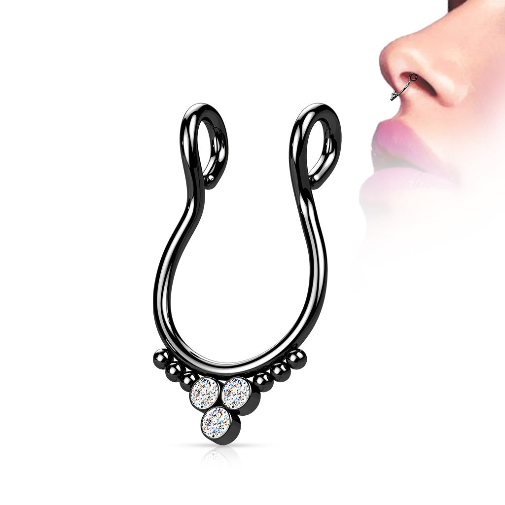 316L Fake Septum Ring with 3 Round CZ Flat Balls and Beads on Each Side - Black/Clear