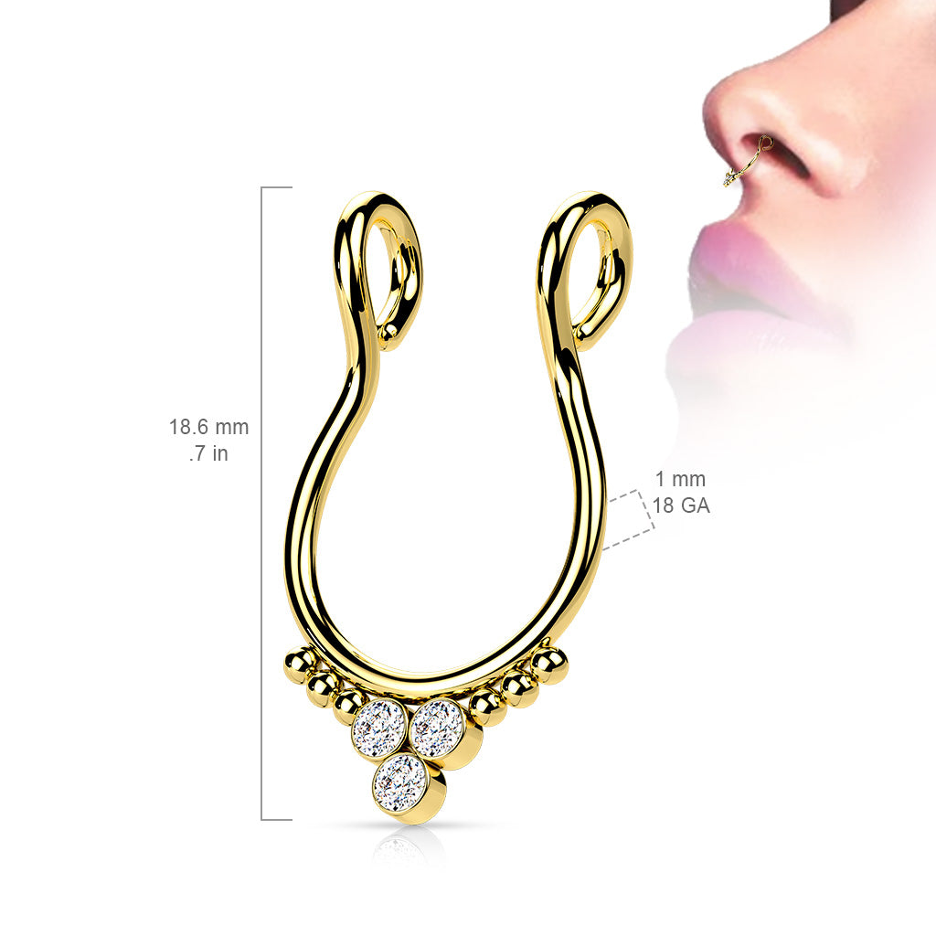 316L Fake Septum Ring with 3 Round CZ Flat Balls and Beads on Each Side size chart