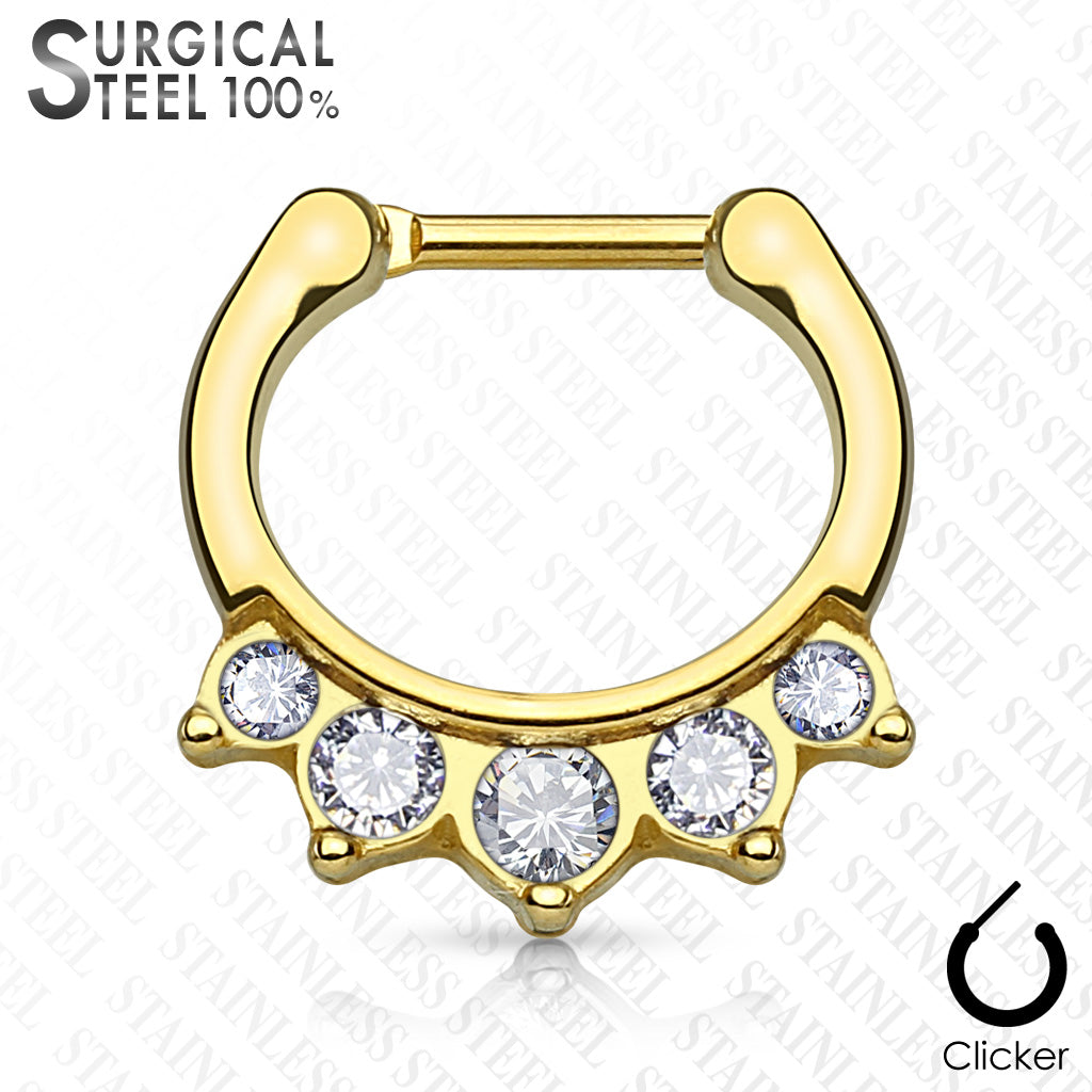 Five Crystals Hanging Set 100% Surgical Steel Septum Clickers - Gold/Clear