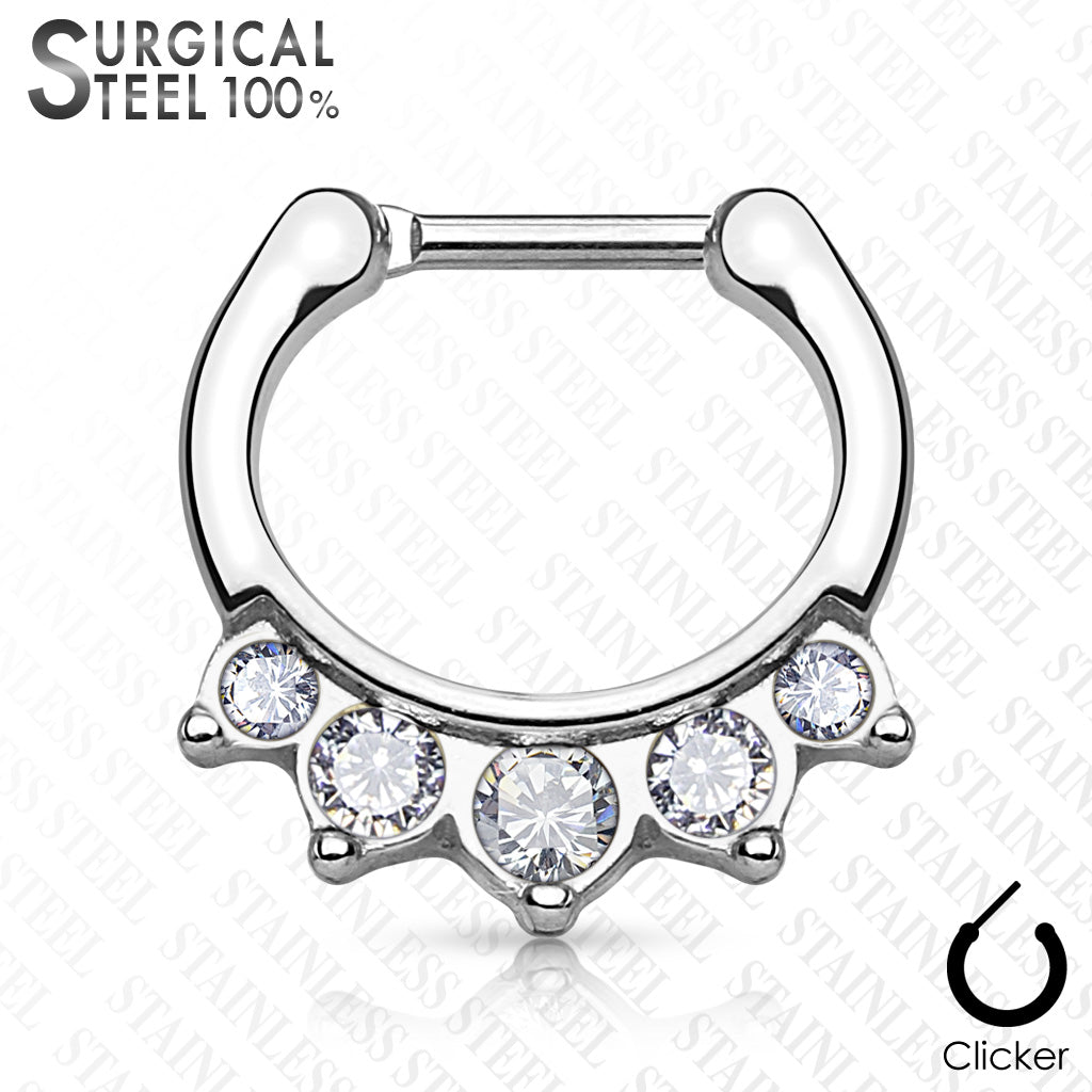 Five Crystals Hanging Set 100% Surgical Steel Septum Clickers - Steel/Clear