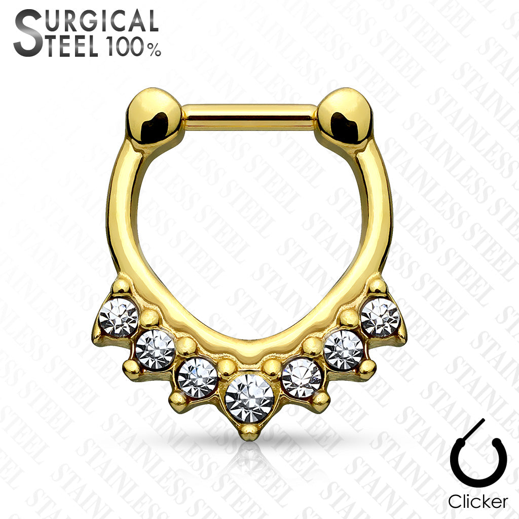 All Surgical Steel Septum Clicker with 7 Stone Set Chevron Design - Gold/Clear