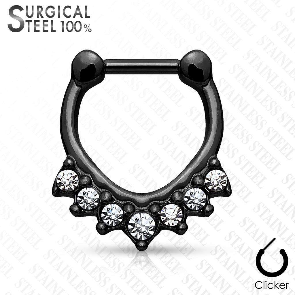 All Surgical Steel Septum Clicker with 7 Stone Set Chevron Design - Black/Clear