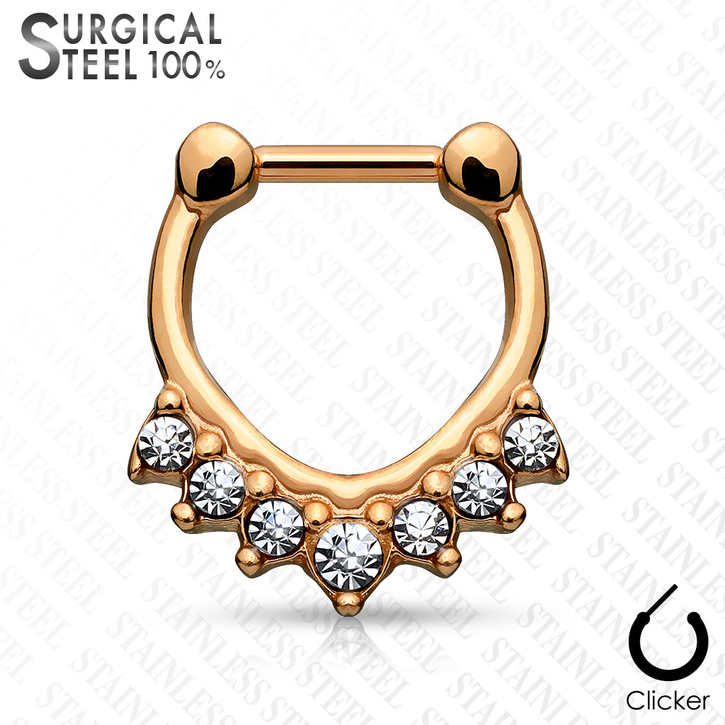 All Surgical Steel Septum Clicker with 7 Stone Set Chevron Design - Rose Gold/Clear