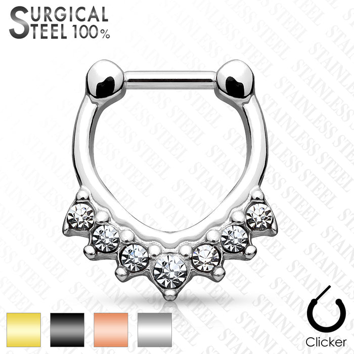 All Surgical Steel Septum Clicker With 7 Stone Set Chevron Design