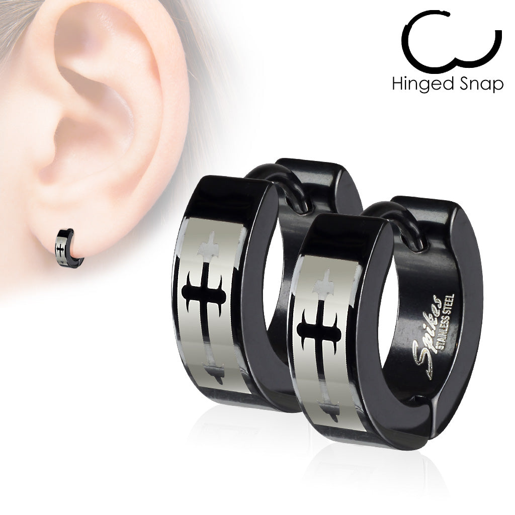 Pair of 316L Stainless Steel Black Hinged Hoop Earring With Gothic Medieval Cross Print - all colors