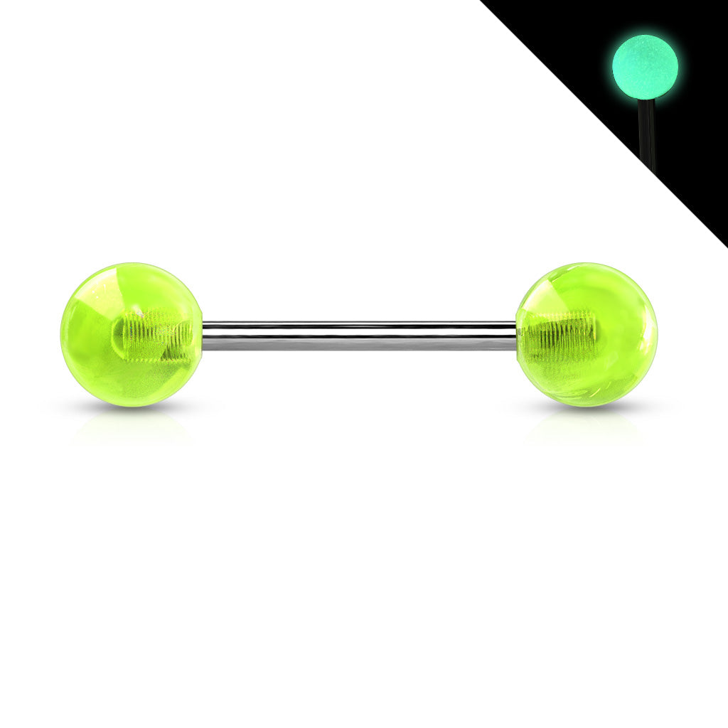 Implant Grade Titanium Externally Threaded Barbell With Glow In The Dark Acrylic Balls - Green