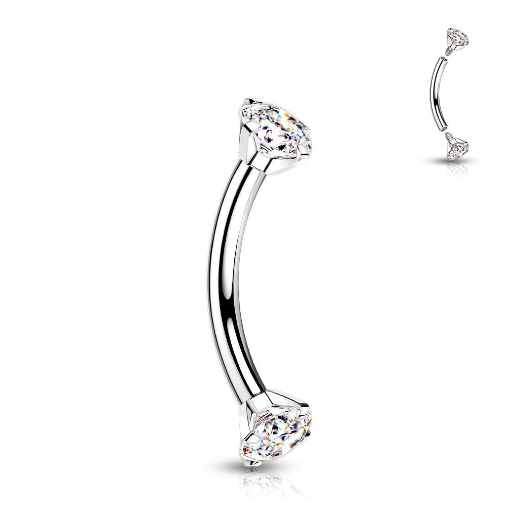 Implant Grade Titanium Internally Threaded Curved Barbell With Prong Set CZ Ends - Clear