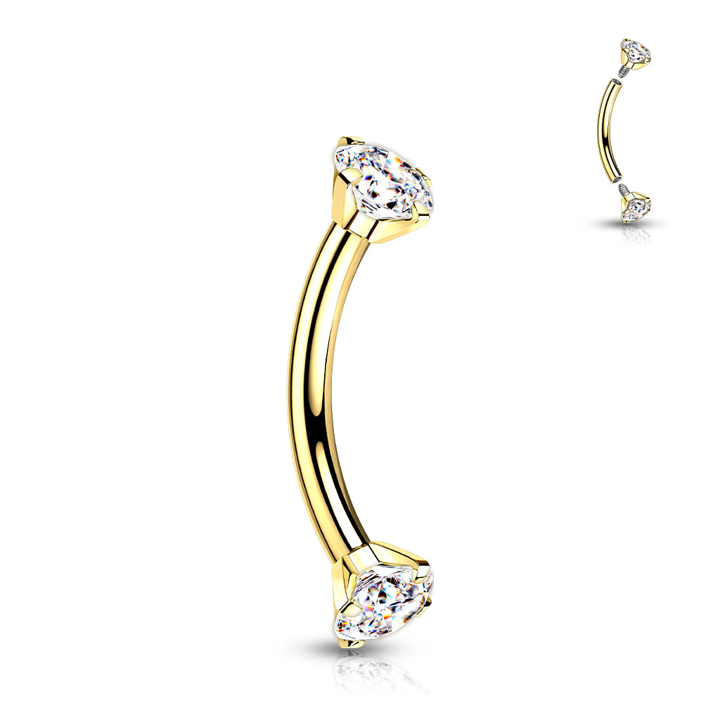 Implant Grade Titanium Internally Threaded Curved Barbell With Prong Set CZ Ends - Gold/Clear