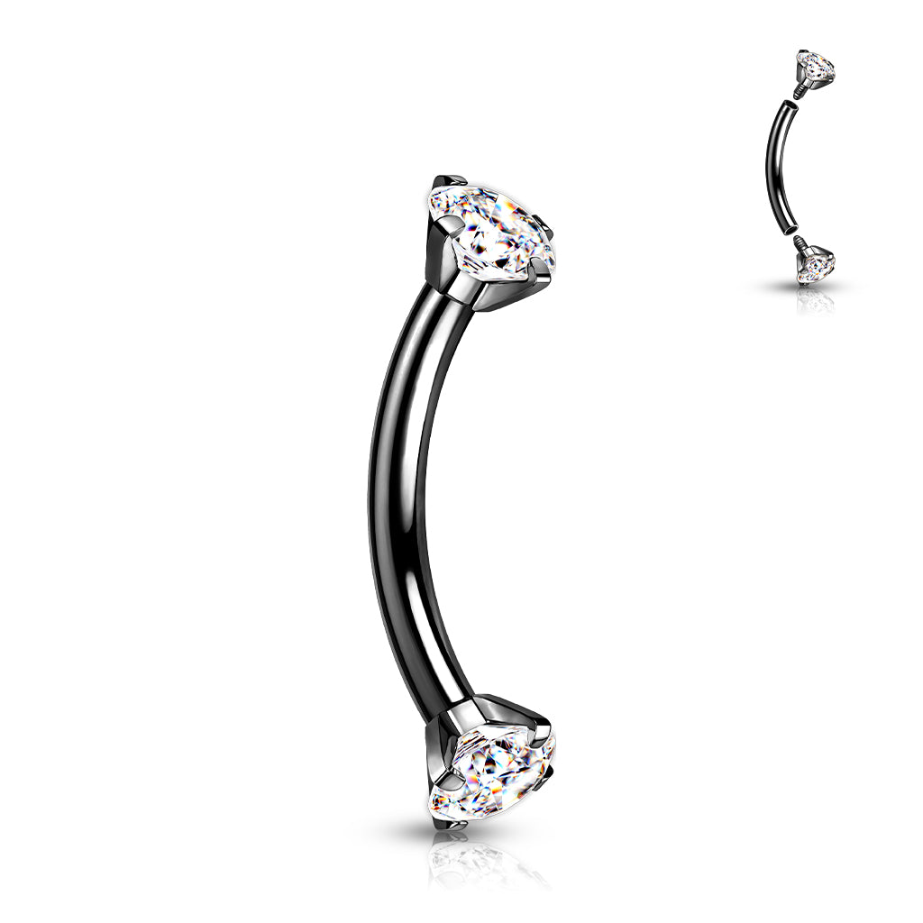Implant Grade Titanium Internally Threaded Curved Barbell With Prong Set CZ Ends - Black/Clear