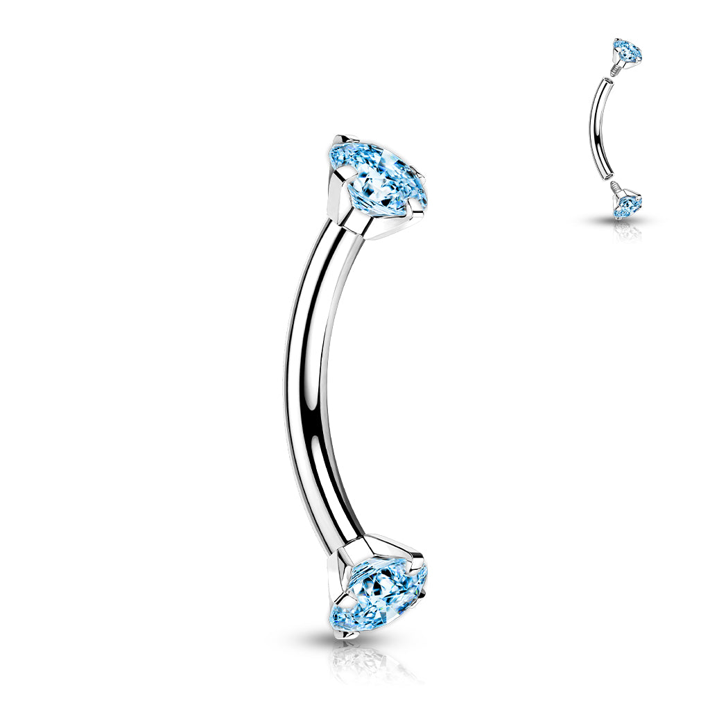 Implant Grade Titanium Internally Threaded Curved Barbell With Prong Set CZ Ends - Aqua