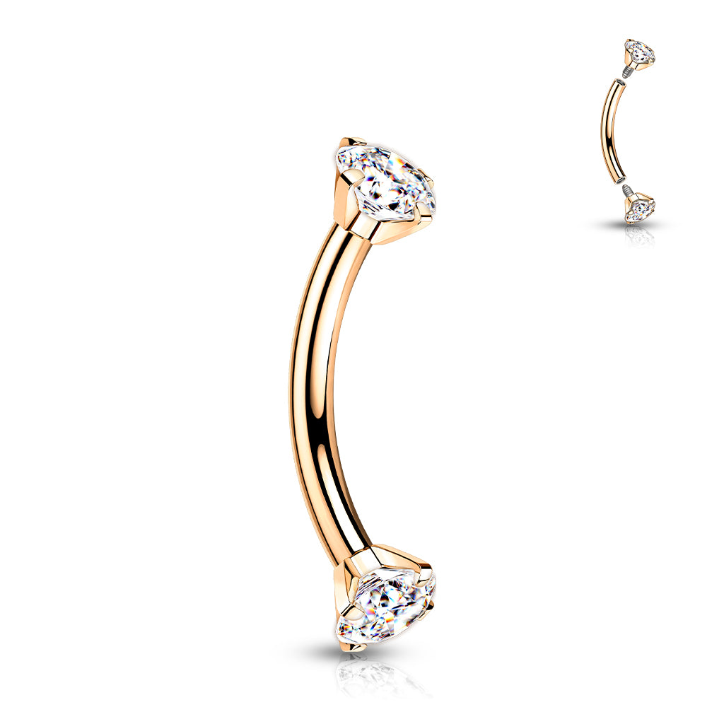 Implant Grade Titanium Internally Threaded Curved Barbell With Prong Set CZ Ends - Rose Gold/Clear