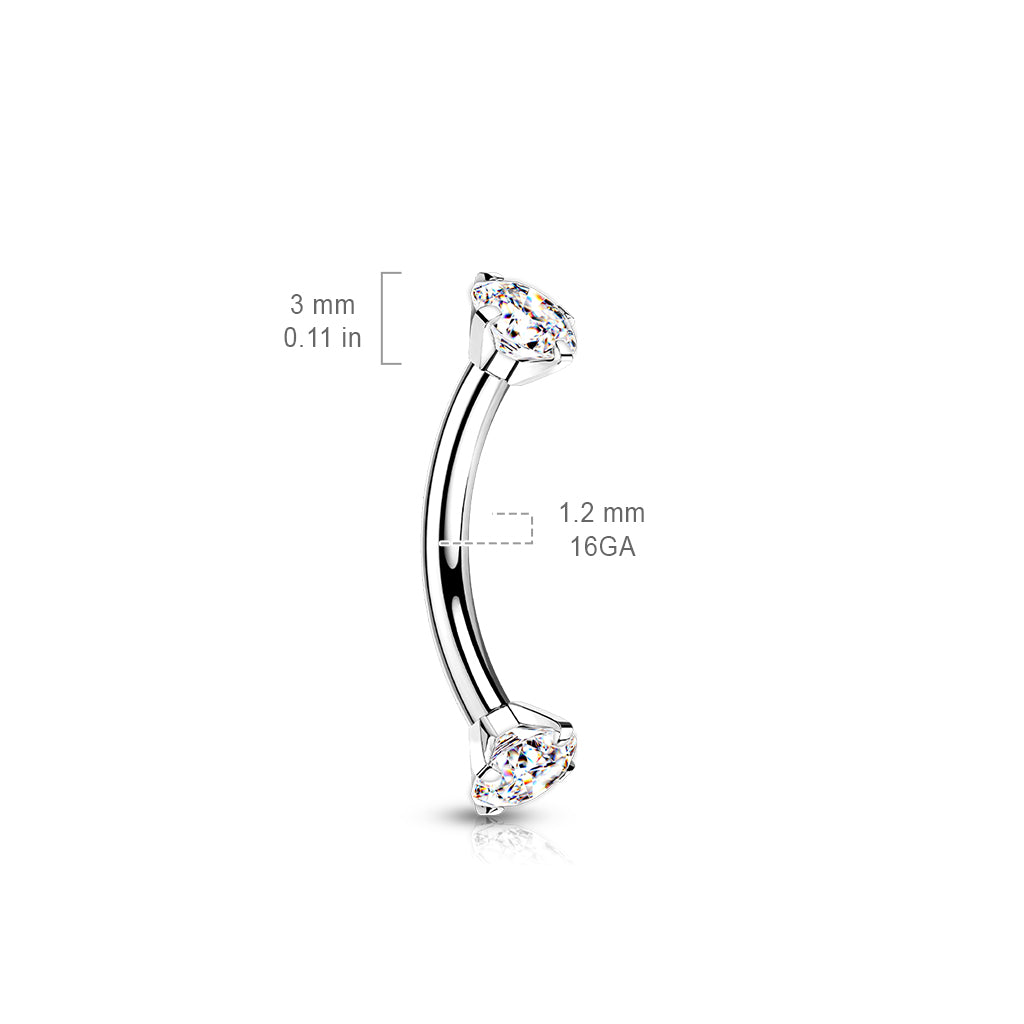 Implant Grade Titanium Internally Threaded Curved Barbell With Prong Set CZ Ends size chart