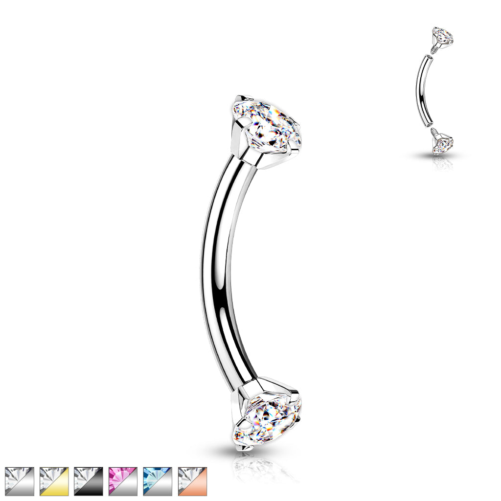 Implant Grade Titanium Internally Threaded Curved Barbell With Prong Set CZ Ends - all colors