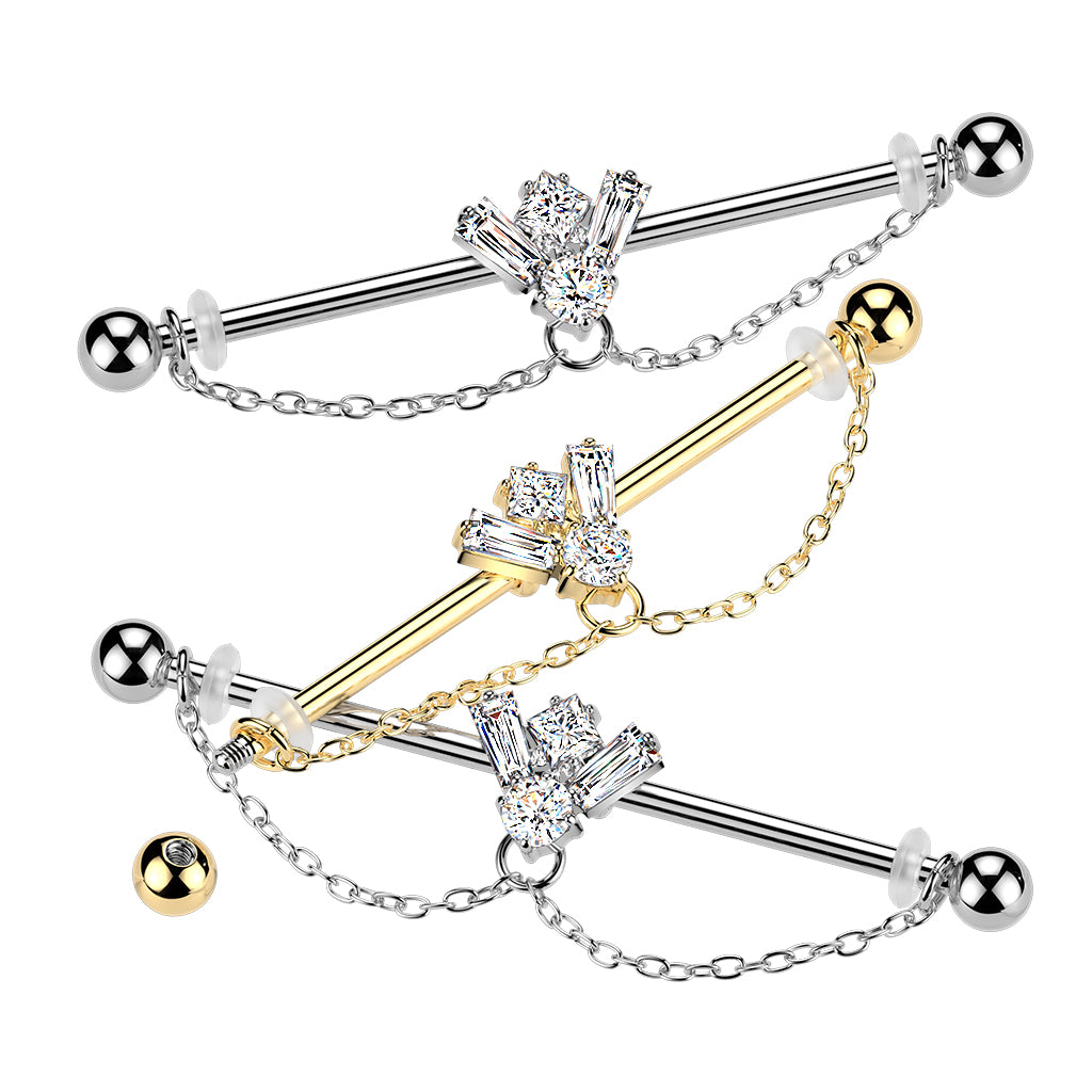 316L CZ Bee Industrial Barbell With Double Chain Dangle product photograph