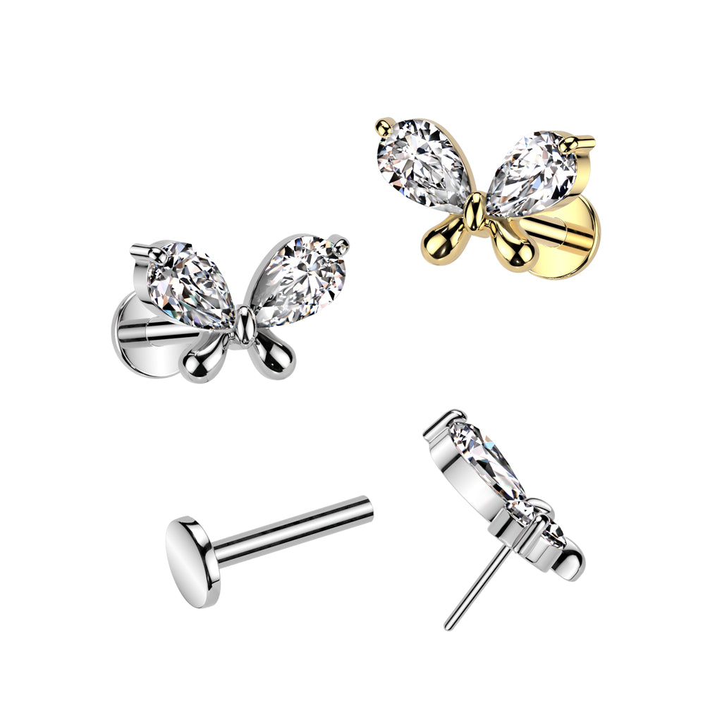 316L Surgical Steel Threadless Push In Labret, Flat Back Stud With CZ Butterfly Top product photograph
