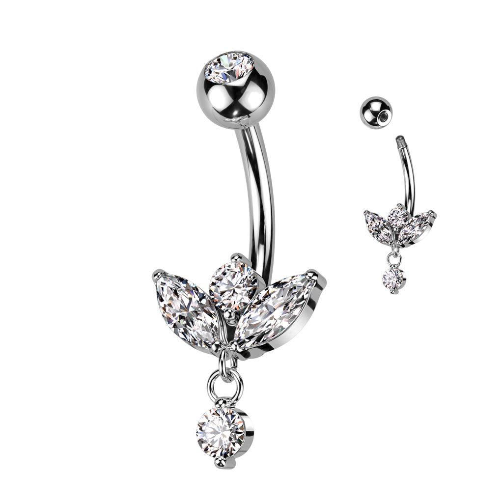 316L Surgical Steel Belly Ring With Marquise CZ Sprout And Small CZ Dangle