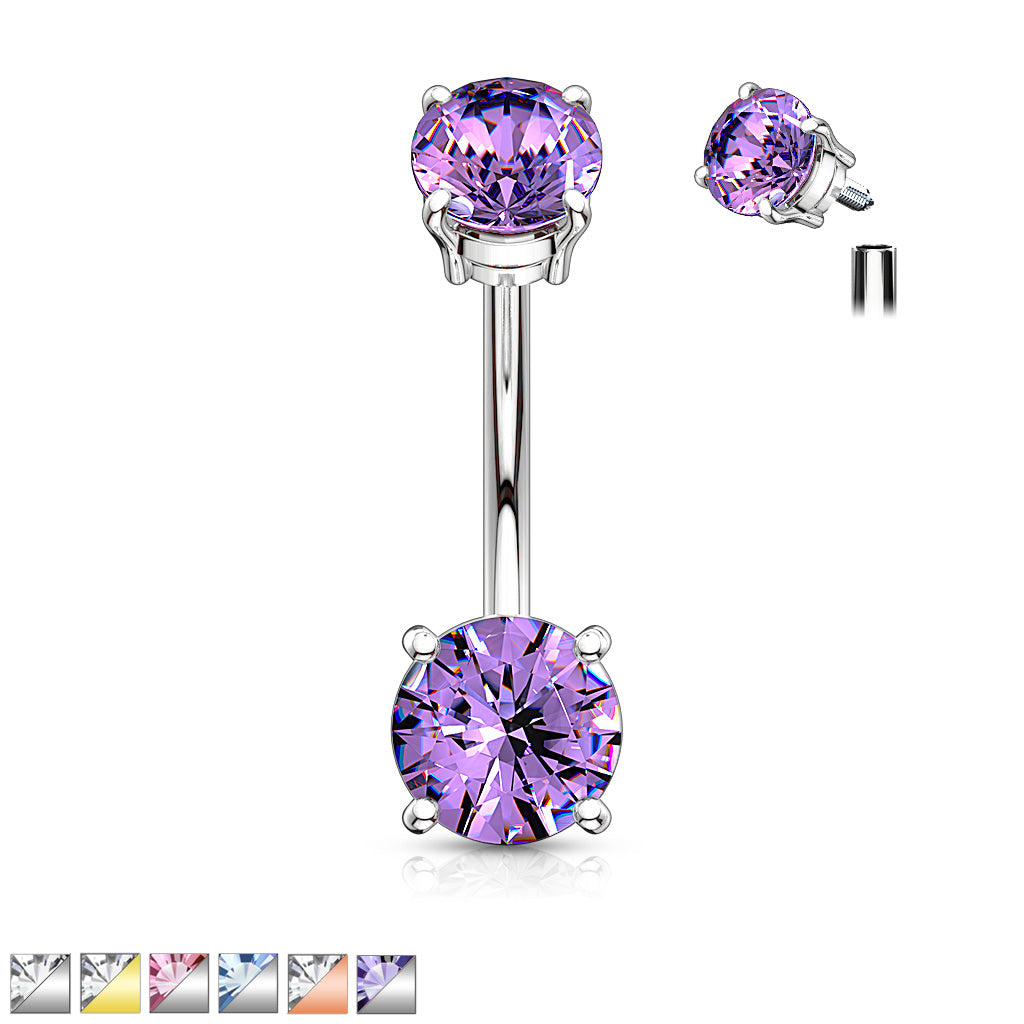 Internally Threaded Top Double Prong Set CZ 316L Surgical Steel Belly Button Navel Rings