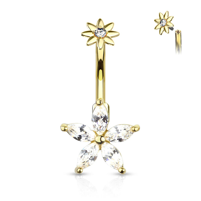 316L Surgical Steel 5 Marquise CZ Petals Flower With Internally Threaded CZ Center Small Flower Top Belly Button Ring