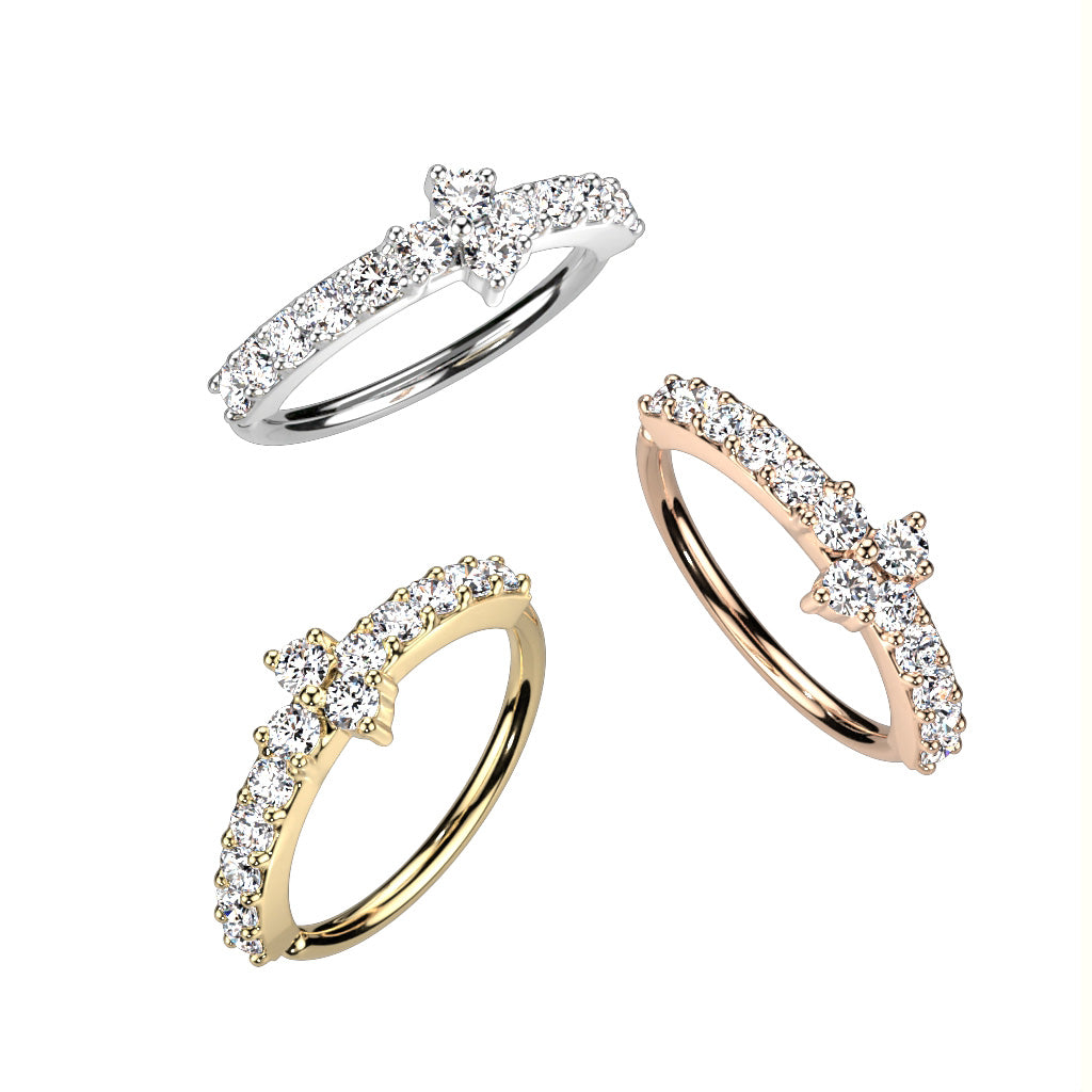 Triple CZ Triangle Center With CZ Paved Sides Bendable Hoop