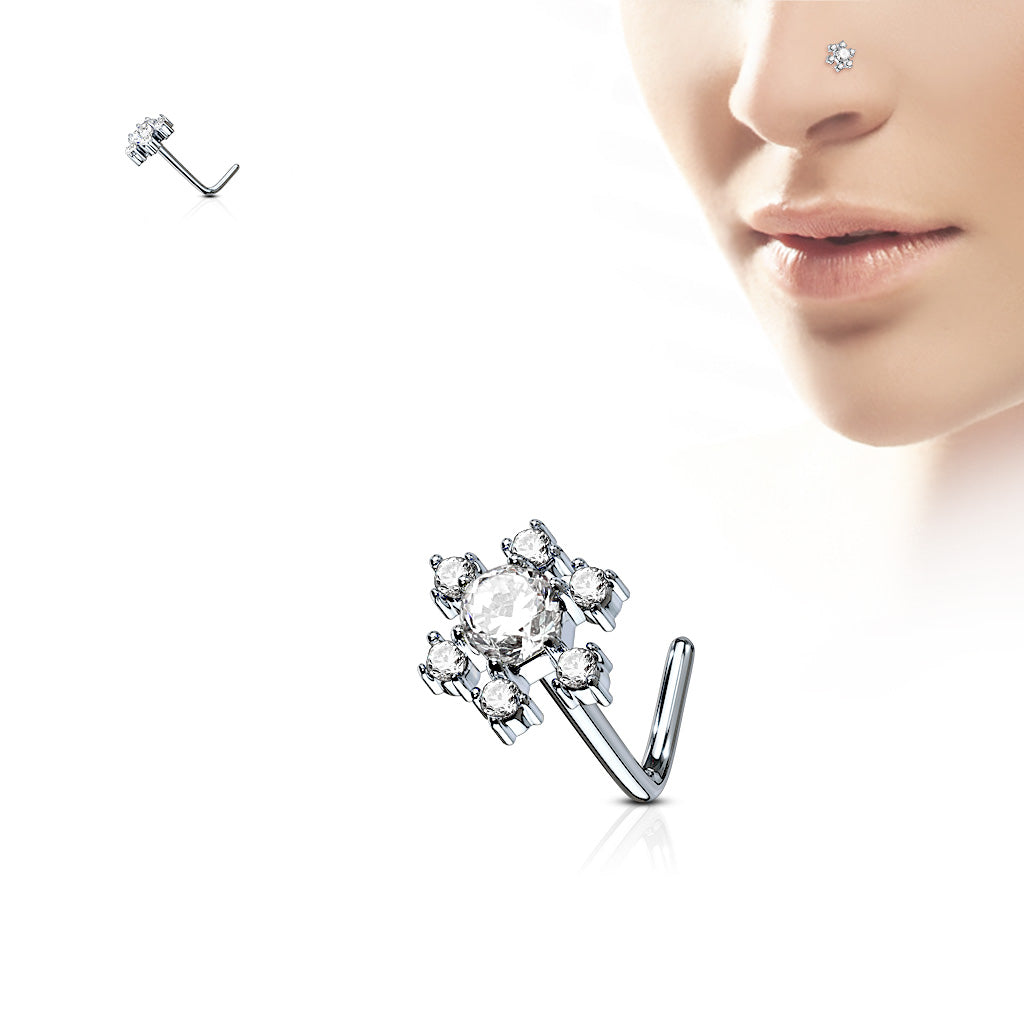 CZ Flower 316L Surgical Steel L Bend Nose Stud Rings