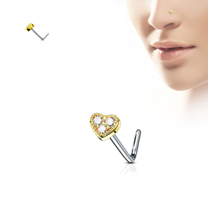 3 CZ Paved Heart 316L Surgical Steel L Bend Nose Stud Rings