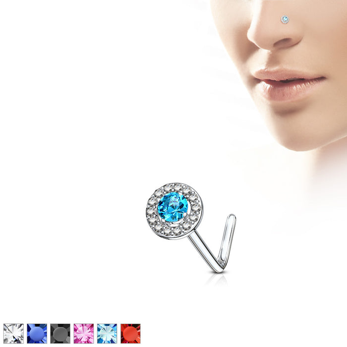 Double Tiered Round CZ Center Top 316L Surgical Steel L Bend Nose Stud Rings