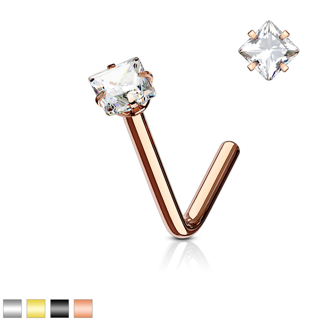Square CZ Prong Set 316L Surgical Steel L Bend Nose Stud Rings