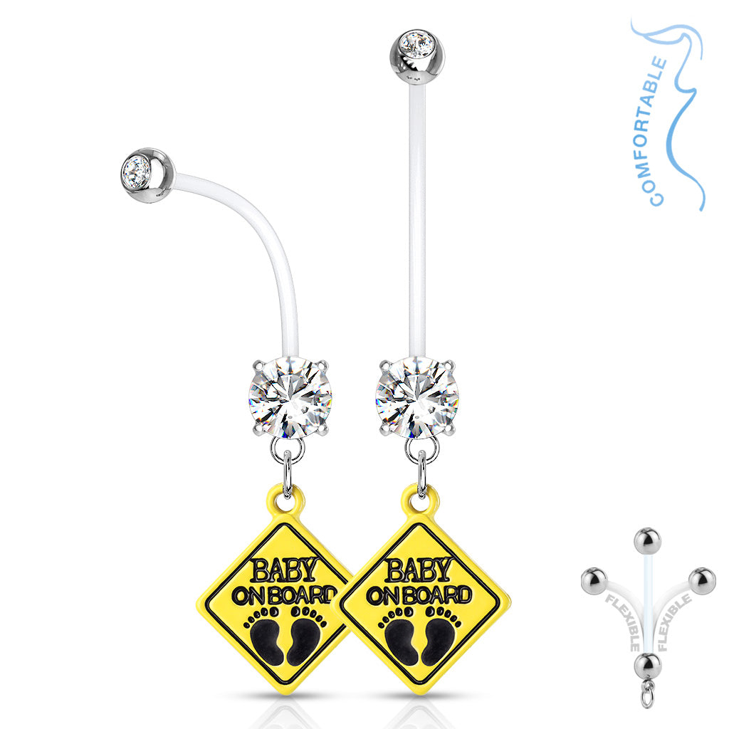 Double Jeweled Prong Set Round CZ With Baby On Board Sign Dangle Pregnancy Belly Rings Bioflex With 316L Surgical Steel Balls