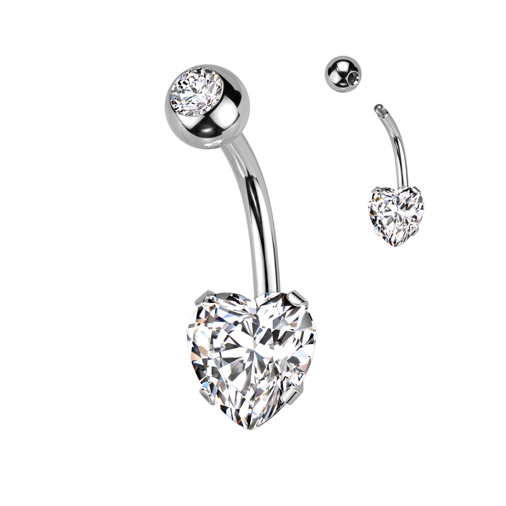 Prong Set 8mm Heart CZ All 316L Surgical Steel Navel Ring