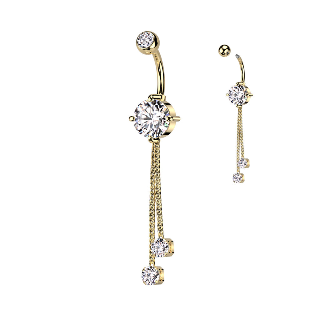 316L Surgical Steel Double Jeweled CZ With 2 Rope Chain Dangle Belly Button Ring
