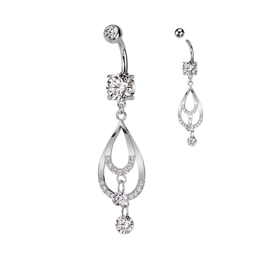 316L Surgical Steel Double CZ Pave Tear Drop With CZ Dangle Belly Button Ring