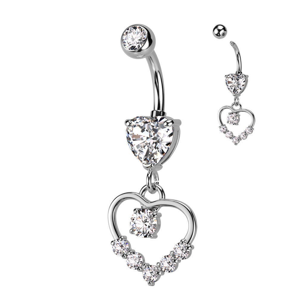316L Surgical Steel Heart Shaped CZ With Hollow Heart Pave Dangle Belly Button Ring