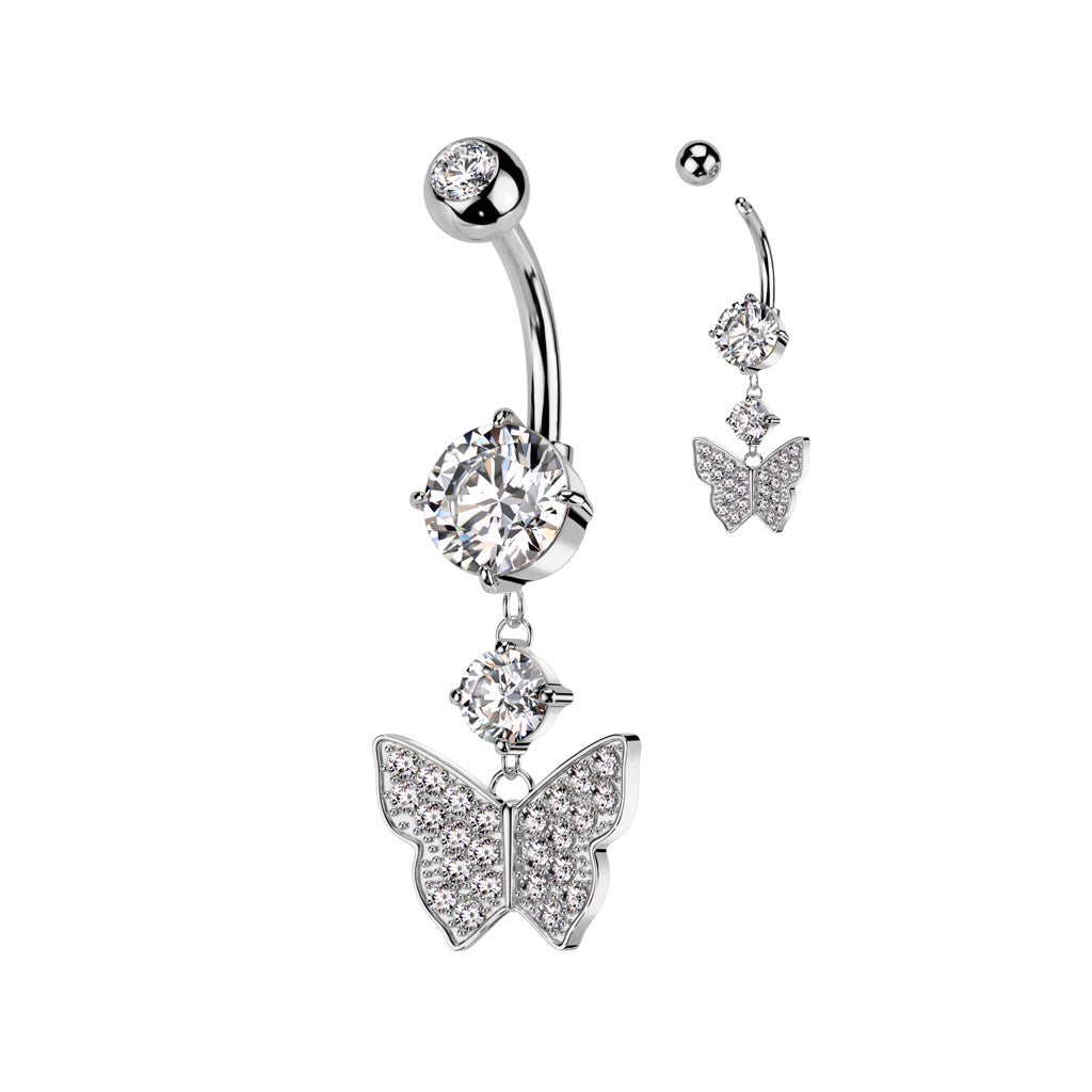 316L Surgical Steel Pressed Fit CZ Top And Round Prong Set CZ Bottom With Pave CZ Butterfly And Prong Set CZ Dangle Belly Button Ring