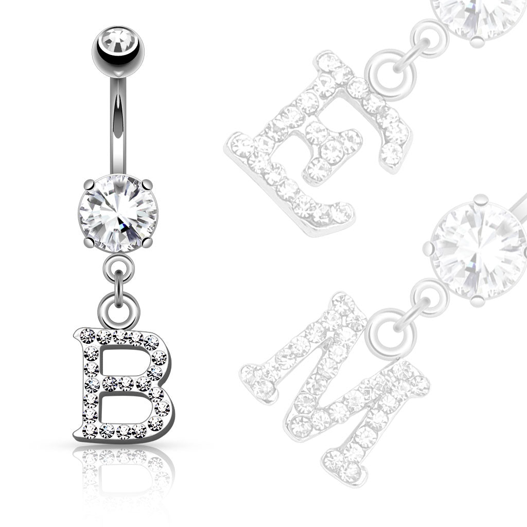 316L Surgical Steel Clear Gem Paved Initial Dangle Belly Button Ring
