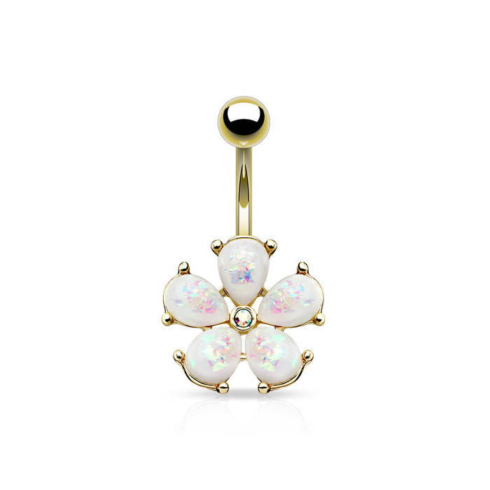 316L Surgical Steel Opal Glitter Petals With Crystal Center Flower Belly Button Ring